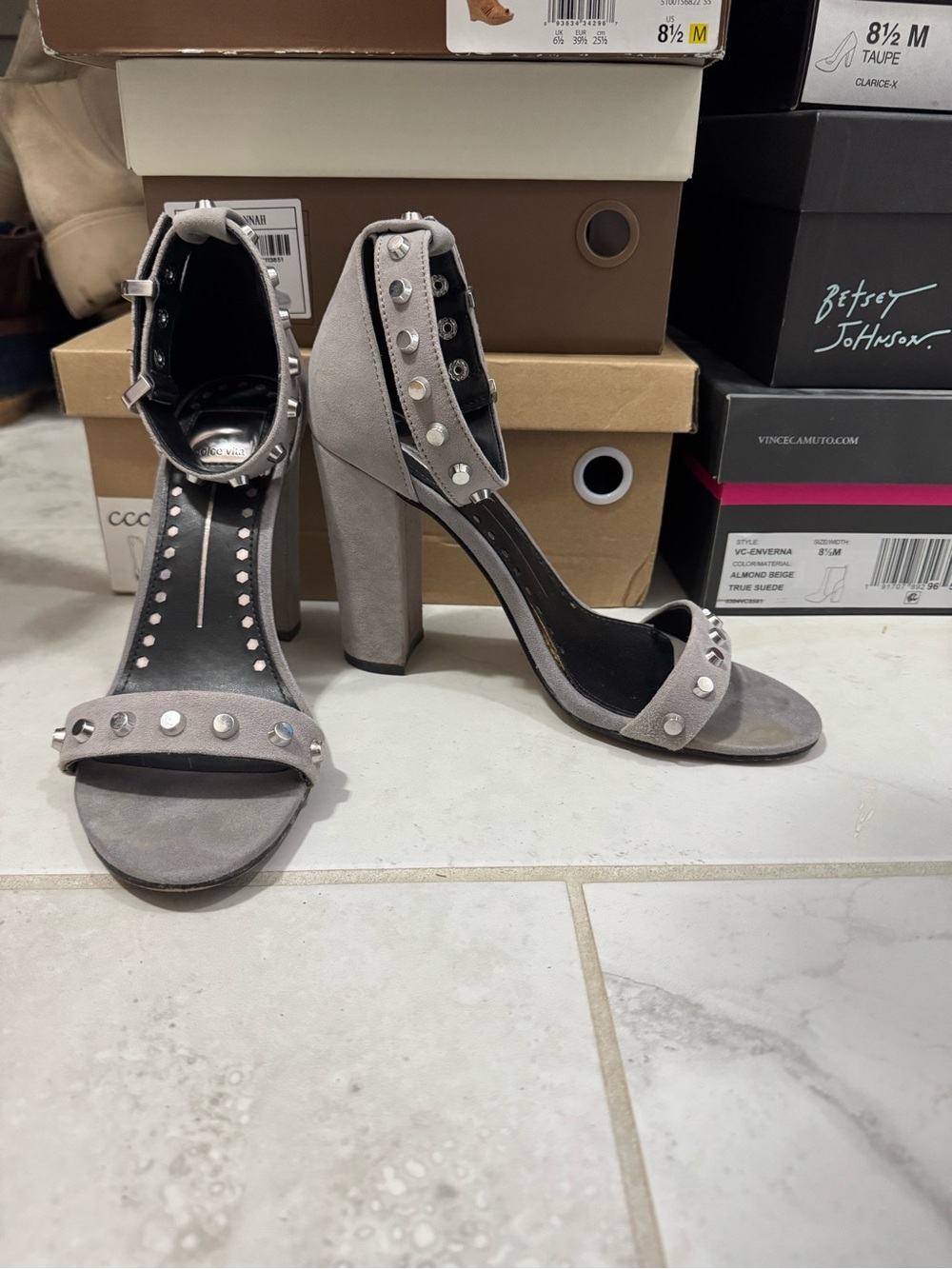 Dolce Vita Grey Studded Suede Block Heel Sandals
